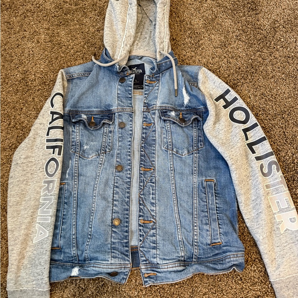 Hollister Blue Denim Jacket with Gray Hooded Sleeves